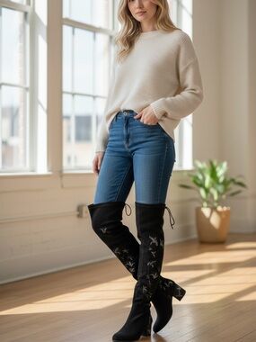 Kenneth Cole Black Suede Knee-High Boots with Embroidered Detail